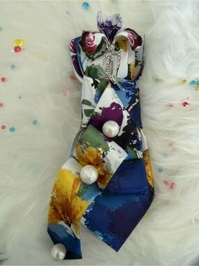 Floral Satin Bow Brooch with Pearl Accents - Blue, Yellow, Purple